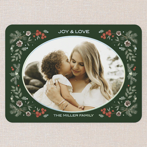 Evergreen Embrace Holiday Card, Iridescent Foil, Green, 5x7, Holiday, Matte, Personalized Foil Cardstock, Rounded, Spruce Green