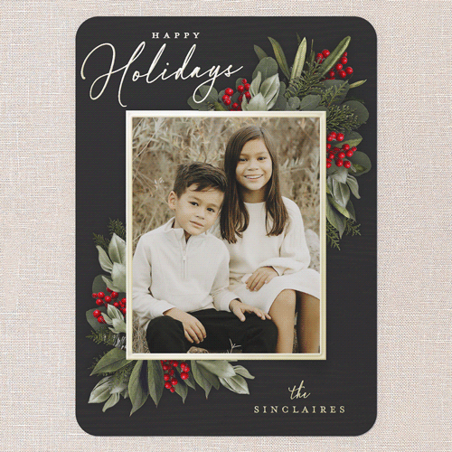 Golden Botanical Holiday Card, Black, Gold Foil, 5x7, Holiday, Matte, Personalized Foil Cardstock, Rounded, Black