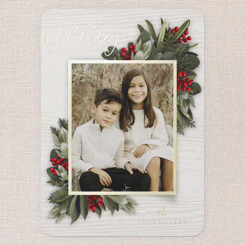 Golden Botanical Holiday Card, White, Gold Foil, 5x7, Holiday, Matte, Personalized Foil Cardstock, Rounded, White