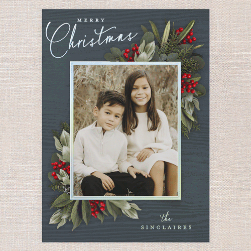 Golden Botanical Holiday Card, Blue, Iridescent Foil, 5x7, Christmas, Matte, Personalized Foil Cardstock, Square, Blue