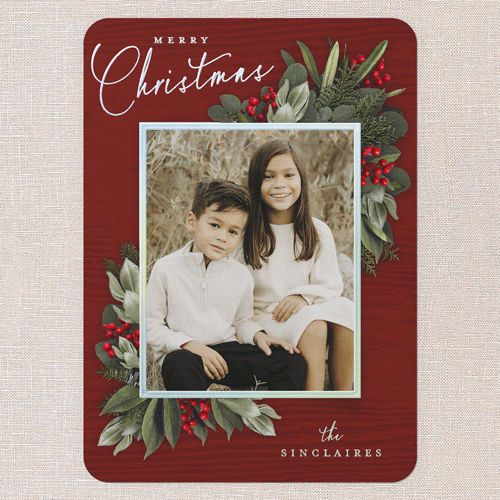 Golden Botanical Holiday Card, Iridescent Foil, Red, 5x7, Christmas, Matte, Personalized Foil Cardstock, Rounded, Red