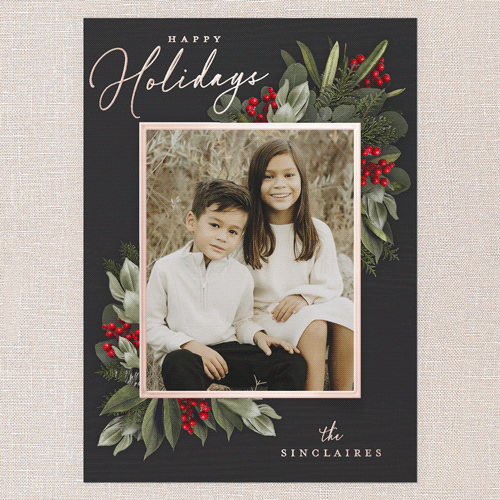 Golden Botanical Holiday Card, Black, Rose Gold Foil, 5x7, Holiday, Matte, Personalized Foil Cardstock, Square, Black