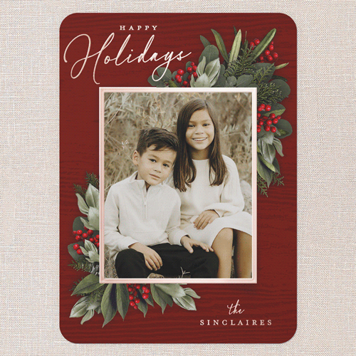 Golden Botanical Holiday Card, Red, Rose Gold Foil, 5x7, Holiday, Matte, Personalized Foil Cardstock, Rounded, Red