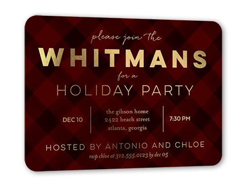 Plaid Party Holiday Invitation Card, Red, Gold Foil, 5x7, Matte, Personalized Foil Cardstock, Rounded