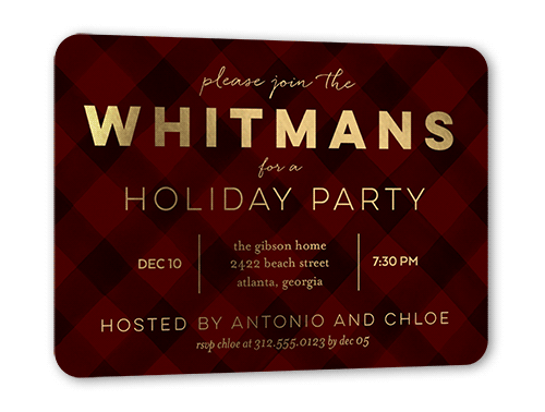 Plaid Party Holiday Invitation Card, Gold Foil, Red, 5x7, Matte, Personalized Foil Cardstock, Rounded, Red