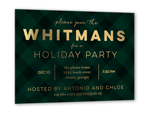Plaid Party Holiday Invitation Card, Gold Foil, Green, 5x7, Matte, Personalized Foil Cardstock, Square