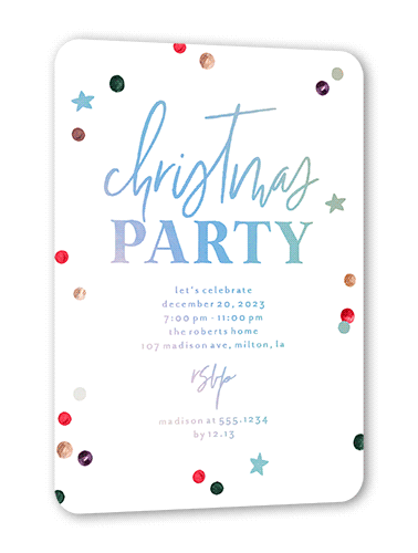 Painted Confetti Party Holiday Invitation, White, Iridescent Foil, 5x7, Matte, Personalized Foil Cardstock, Rounded