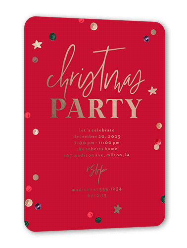 Painted Confetti Party Holiday Invitation, Red, Rose Gold Foil, 5x7, Matte, Personalized Foil Cardstock, Rounded