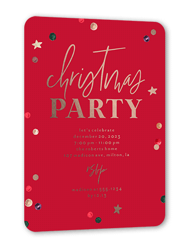 Painted Confetti Party Holiday Invitation, Red, Rose Gold Foil, 5x7, Matte, Personalized Foil Cardstock, Rounded, Winterberry