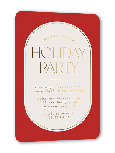 Modern Deco Joy Holiday Invitation, Gold Foil, Red, 5x7, Holiday, Matte, Personalized Foil Cardstock, Rounded