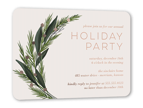 Fresh Pine Holiday Invitation, Grey, Rose Gold Foil, 5x7, Holiday, Matte, Personalized Foil Cardstock, Rounded, Whisper Gray