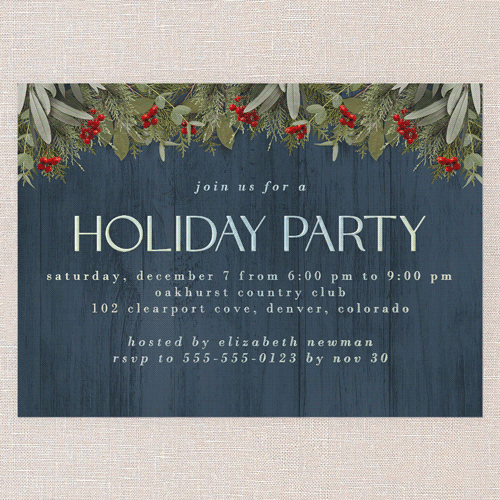 Merry Evergreen Holiday Invitation, Blue, Iridescent Foil, 5x7, Holiday, Matte, Personalized Foil Cardstock, Square, Blue