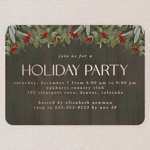 Merry Evergreen Holiday Invitation, Brown, Rose Gold Foil, 5x7, Holiday, Matte, Personalized Foil Cardstock, Rounded, Brown