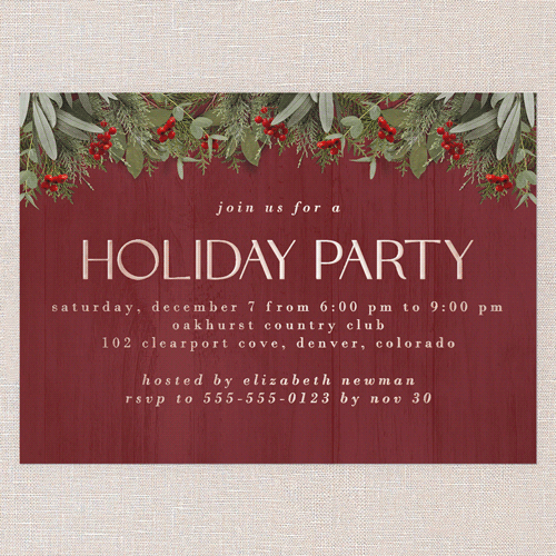 Merry Evergreen Holiday Invitation, Red, Rose Gold Foil, 5x7, Holiday, Matte, Personalized Foil Cardstock, Square