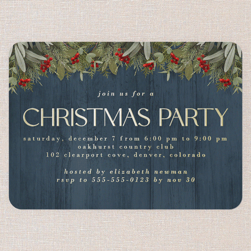 Merry Evergreen Holiday Invitation, Blue, Gold Foil, 5x7, Christmas, Matte, Personalized Foil Cardstock, Rounded, Blue