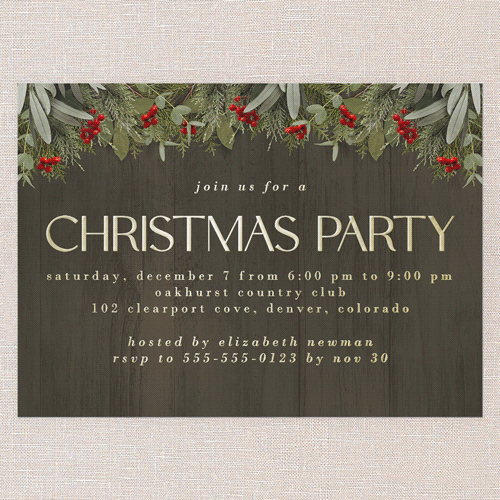 Merry Evergreen Holiday Invitation, Brown, Gold Foil, 5x7, Christmas, Matte, Personalized Foil Cardstock, Square, Brown