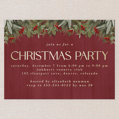 Merry Evergreen Holiday Invitation, Red, Gold Foil, 5x7, Christmas, Matte, Personalized Foil Cardstock, Square
