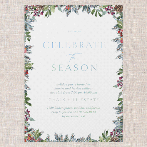 Evergreen Trim Holiday Invitation, White, Iridescent Foil, 5x7, Holiday, Matte, Personalized Foil Cardstock, Square