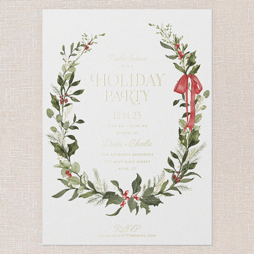 Ribbon Welcome Holiday Invitation, White, Gold Foil, 5x7, Holiday, Matte, Personalized Foil Cardstock, Square, White