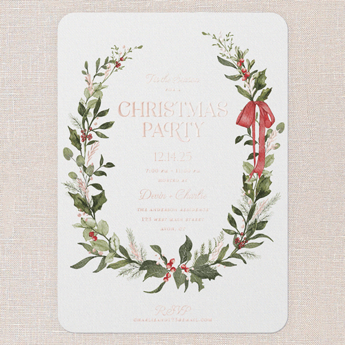 Ribbon Welcome Holiday Invitation, White, Rose Gold Foil, 5x7, Christmas, Matte, Personalized Foil Cardstock, Rounded, White