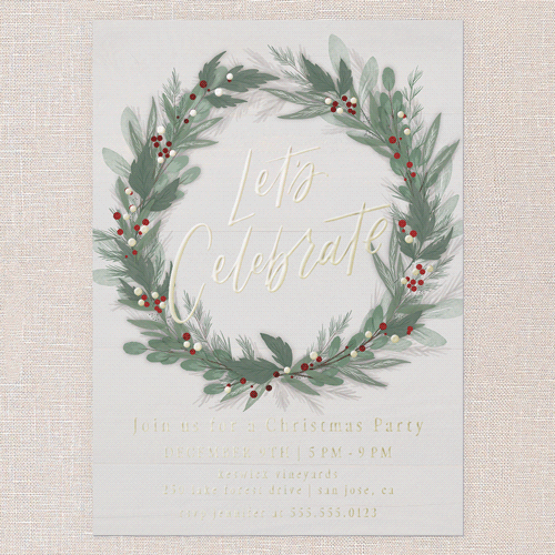 Cheerful Wreath Holiday Invitation, Gold Foil, Beige, 5x7, Christmas, Matte, Personalized Foil Cardstock, Square, Cream