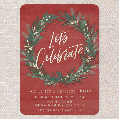Cheerful Wreath Holiday Invitation, Gold Foil, Red, 5x7, Christmas, Matte, Personalized Foil Cardstock, Rounded, Red