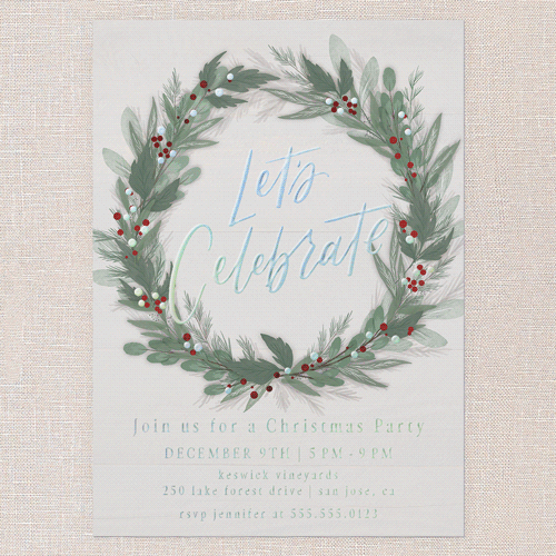 Cheerful Wreath Holiday Invitation, Iridescent Foil, Beige, 5x7, Christmas, Matte, Personalized Foil Cardstock, Square, Cream