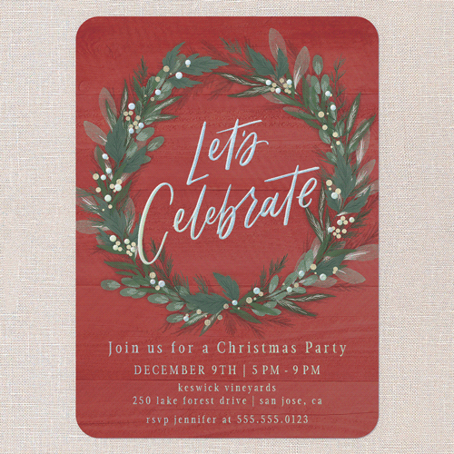 Cheerful Wreath Holiday Invitation, Iridescent Foil, Red, 5x7, Christmas, Matte, Personalized Foil Cardstock, Rounded, Red