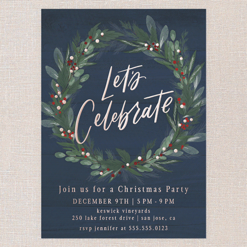 Cheerful Wreath Holiday Invitation, Rose Gold Foil, Blue, 5x7, Christmas, Matte, Personalized Foil Cardstock, Square, Indigo