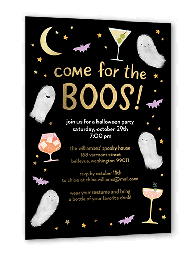 Come for the Boos Halloween Invitation, Gold Foil, Black, 5x7, Matte, Personalized Foil Cardstock, Square