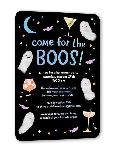 Come for the Boos Halloween Invitation, Black, Iridescent Foil, 5x7, Matte, Personalized Foil Cardstock, Rounded, Black