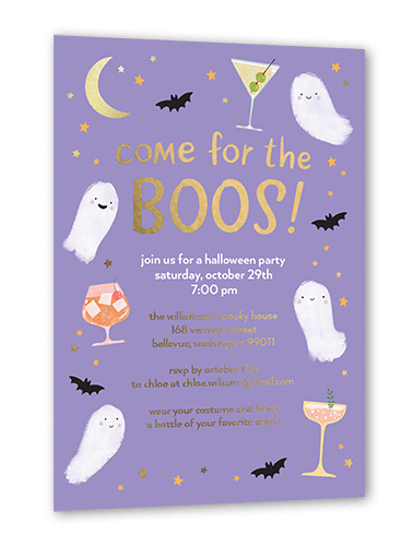 Come for the Boos Halloween Invitation, Gold Foil, Purple, 5x7, Matte, Personalized Foil Cardstock, Square