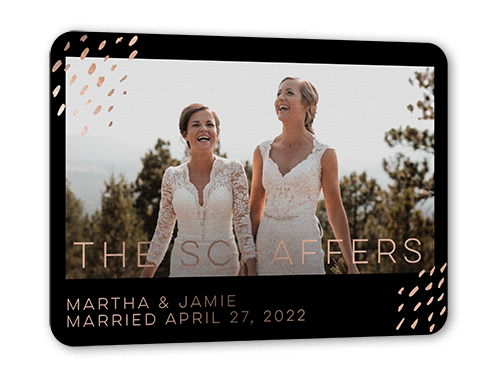 Blissful Confetti Wedding Announcement, Rose Gold Foil, Black, 5x7, Matte, Personalized Foil Cardstock, Rounded