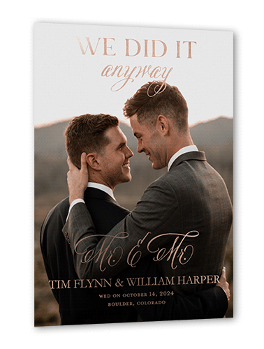 We Did It Anyway Mr Wedding Announcement, Black, Rose Gold Foil, 5x7, Matte, Personalized Foil Cardstock, Square