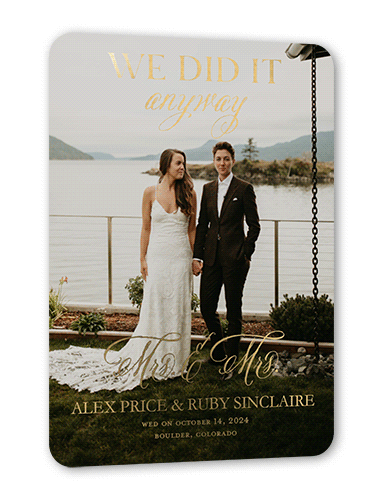 We Did It Anyway Mrs Wedding Announcement, Gold Foil, Black, 5x7, Matte, Personalized Foil Cardstock, Rounded