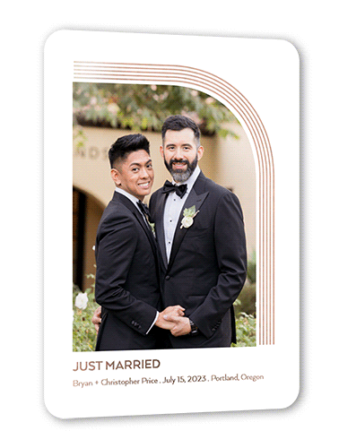 Arched Lines Wedding Announcement, White, Rose Gold Foil, 5x7, Matte, Personalized Foil Cardstock, Rounded
