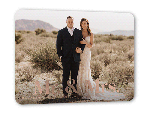Mr. & Mrs. Modern Wedding Announcement, Rose Gold Foil, Black, 5x7, Matte, Personalized Foil Cardstock, Rounded