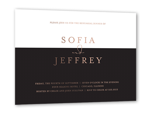 Dazzling Duet Rehearsal Dinner Invitation, Black, Rose Gold Foil, 5x7, Matte, Personalized Foil Cardstock, Square