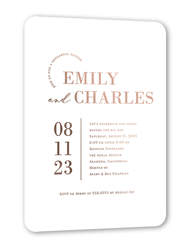 Adorned Accent Rehearsal Dinner Invitation, Rose Gold Foil, White, 5x7, Matte, Personalized Foil Cardstock, Rounded, White
