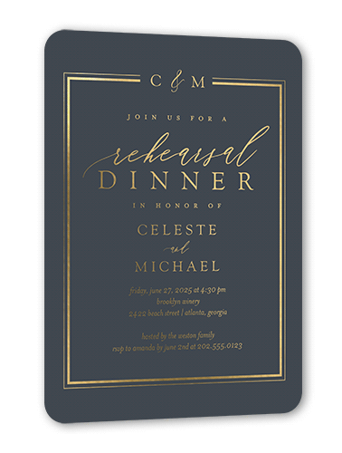 Sensational Shine Rehearsal Dinner Invitation, Gold Foil, Gray, 5x7, Matte, Personalized Foil Cardstock, Rounded, Gray