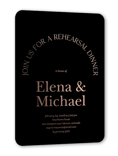 Luminous Cycle Rehearsal Dinner Invitation, Rose Gold Foil, Black, 5x7, Matte, Personalized Foil Cardstock, Rounded