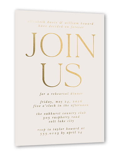 Brightly Joined Rehearsal Dinner Invitation, Gold Foil, Beige, 5x7, Matte, Personalized Foil Cardstock, Square, Cream