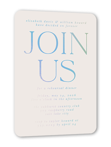 Brightly Joined Rehearsal Dinner Invitation, Beige, Iridescent Foil, 5x7, Matte, Personalized Foil Cardstock, Rounded