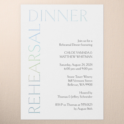 Gleaming Headline Rehearsal Dinner Invitation, White, Iridescent Foil, 5x7, Matte, Personalized Foil Cardstock, Square, White
