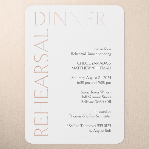 Gleaming Headline Rehearsal Dinner Invitation, White, Rose Gold Foil, 5x7, Matte, Personalized Foil Cardstock, Rounded, White