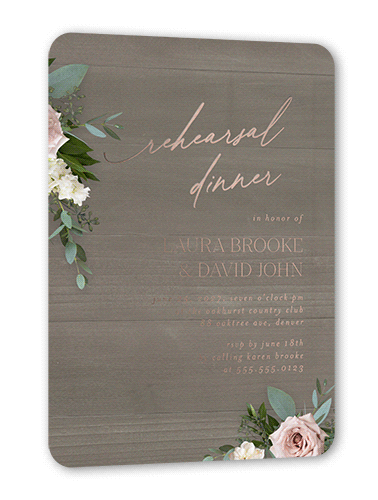 Classic Bouquet Rehearsal Dinner Invitation, Gray, Rose Gold Foil, 5x7, Matte, Personalized Foil Cardstock, Rounded