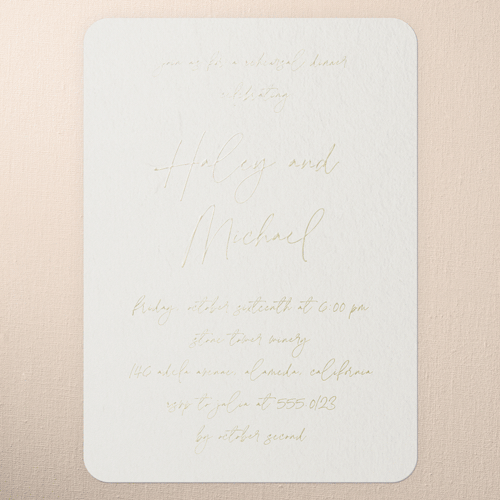 All Script Rehearsal Dinner Invitation, Gold Foil, White, 5x7, Matte, Personalized Foil Cardstock, Rounded, Almond