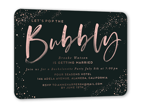 Bubbly Watercolor Bachelorette Party Invitation, Rose Gold Foil, Black, 5x7, Matte, Personalized Foil Cardstock, Rounded, Black