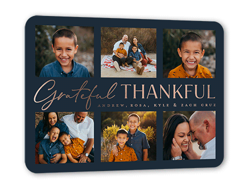Grateful and Thankful Fall Greeting, Rose Gold Foil, Blue, 5x7, Matte, Personalized Foil Cardstock, Rounded, White