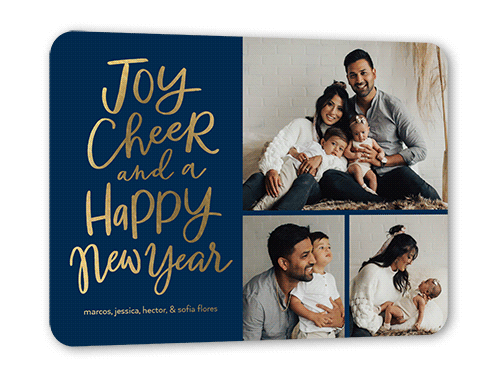Bright Times of Cheer New Year's Card, Blue, Gold Foil, 5x7, New Year, Matte, Personalized Foil Cardstock, Rounded, White